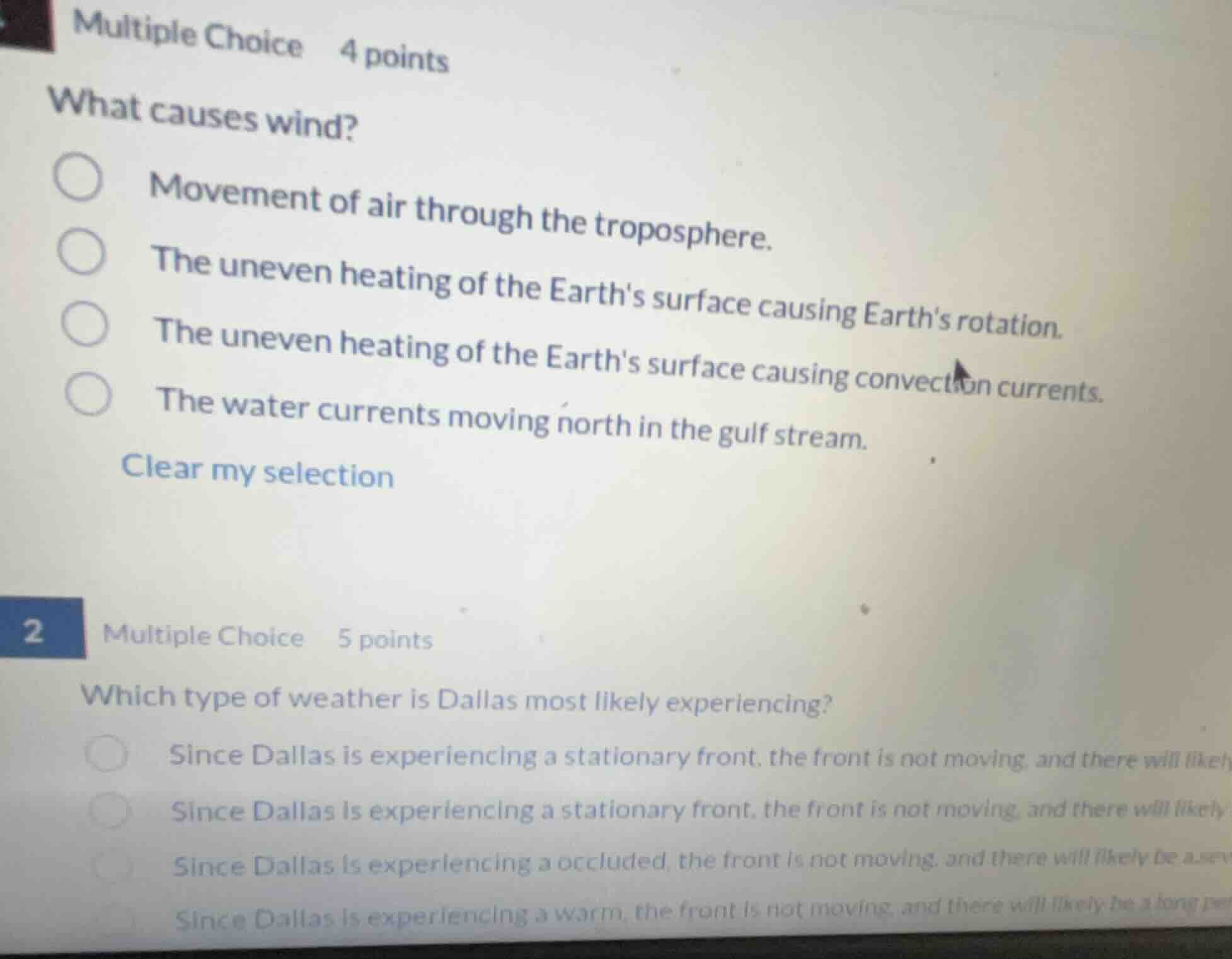 multiple choice 4 points what causes wind? movement of air through the …