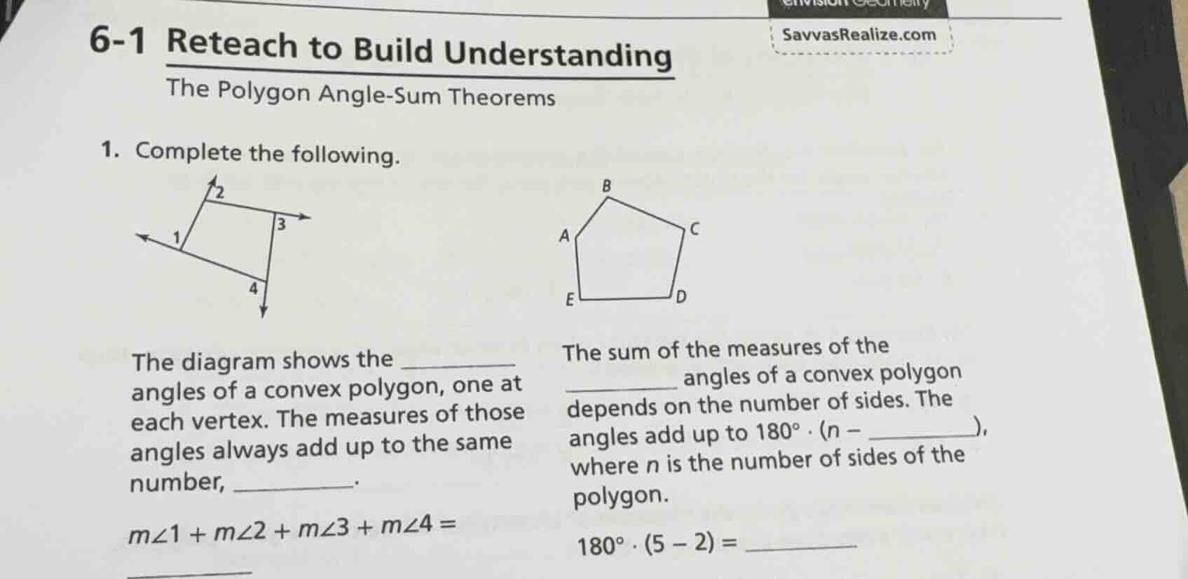 6-1 reteach to build understanding the polygon angle-sum theorems 1. co…