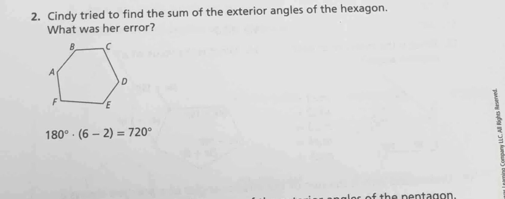 2. cindy tried to find the sum of the exterior angles of the hexagon. w…