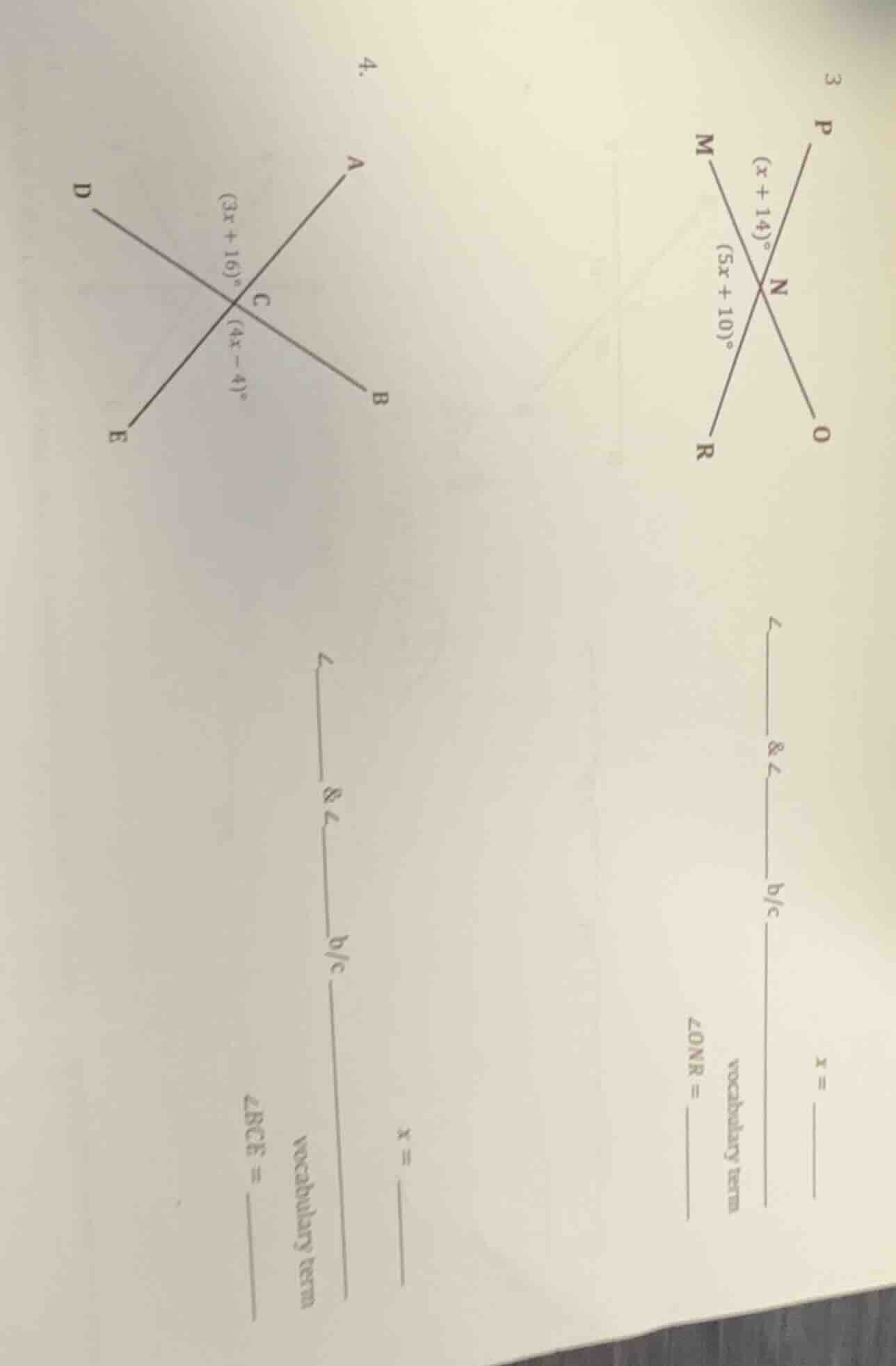 3 p (x + 14)° n (5x + 10)° m r o x = ______ &∠ b/c vocabulary term ∠onr…