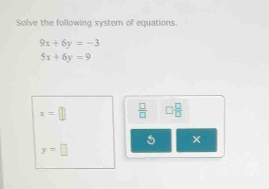 solve the following system of equations. $9x + 6y = -3$ $5x + 6y = 9$ $…