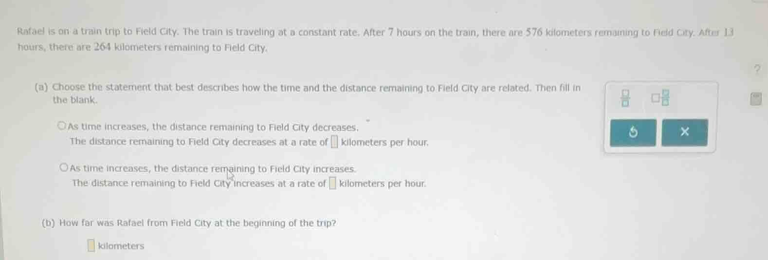 rafael is on a train trip to field city. the train is traveling at a co…