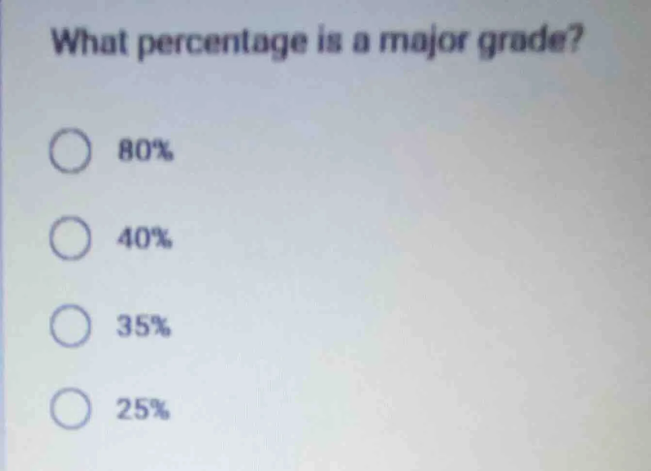 what percentage is a major grade? 80% 40% 35% 25%