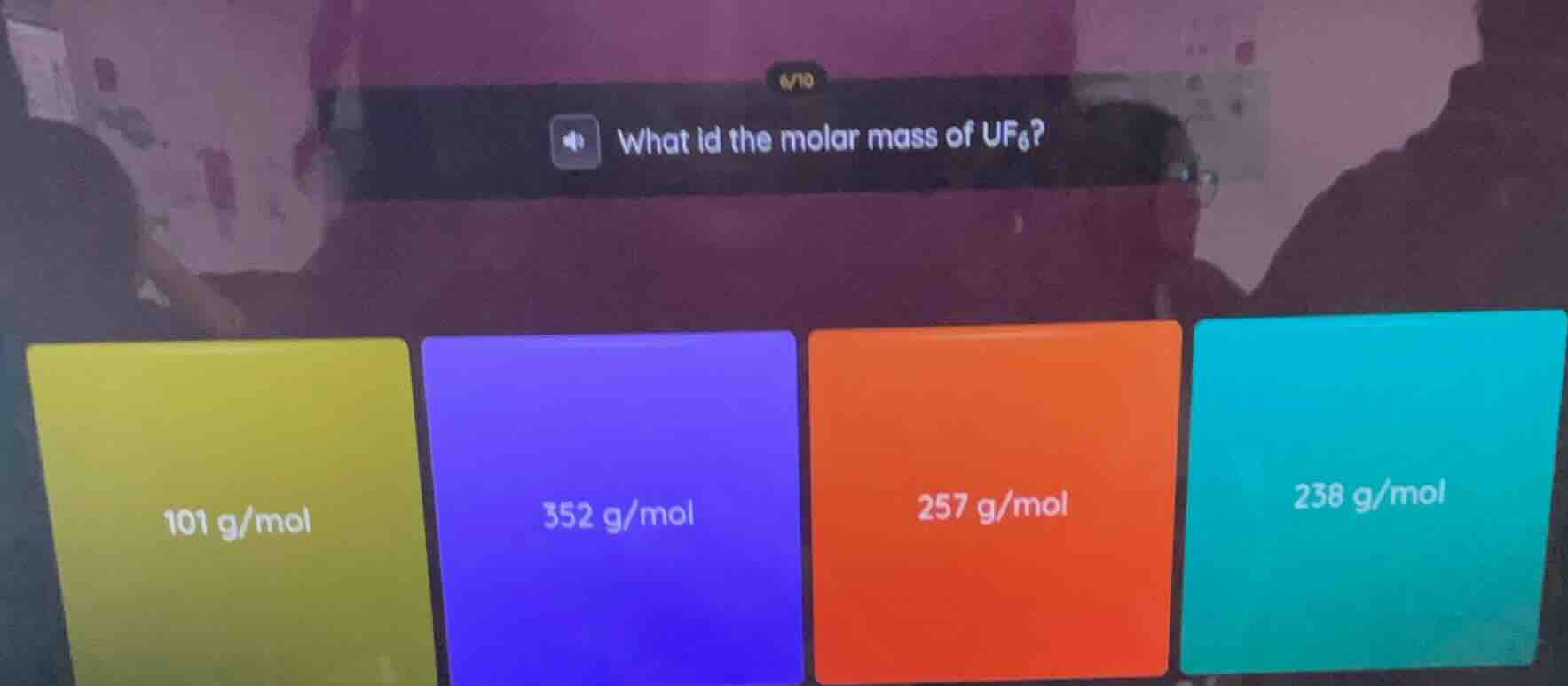 what id the molar mass of uf₆? 101 g/mol 352 g/mol 257 g/mol 238 g/mol