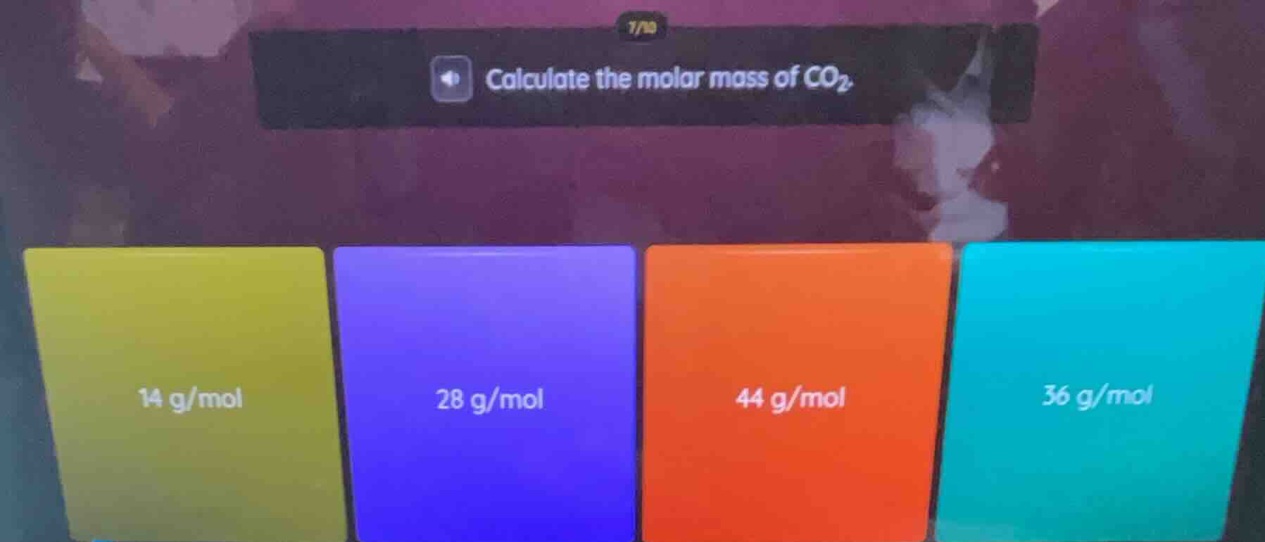 calculate the molar mass of co₂. 14 g/mol 28 g/mol 44 g/mol 36 g/mol