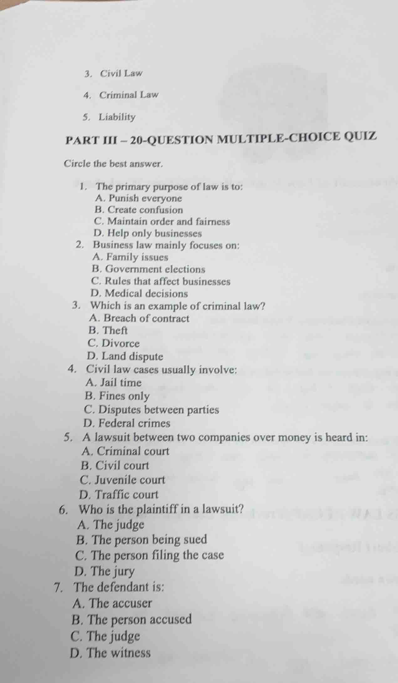 3. civil law 4. criminal law 5. liability part iii – 20-question multip…