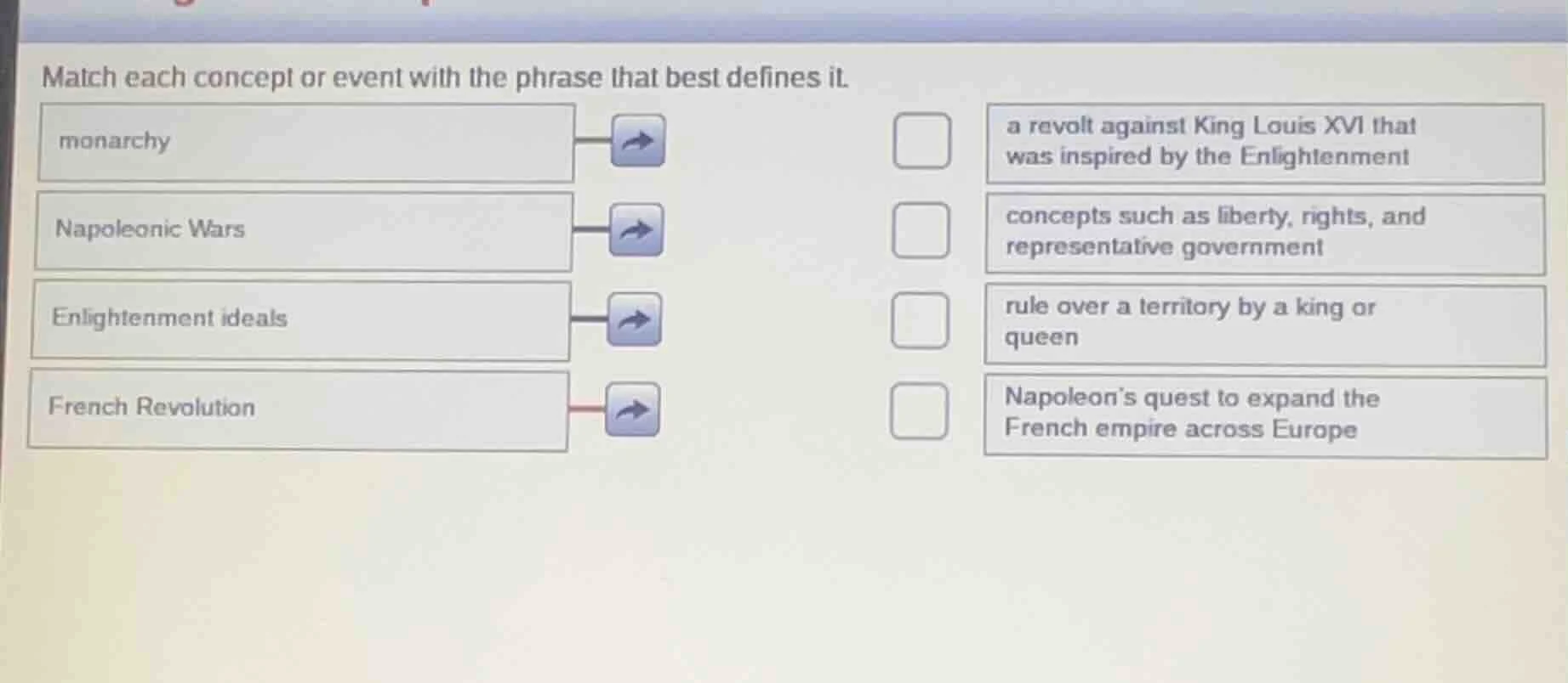 match each concept or event with the phrase that best defines it. monar…