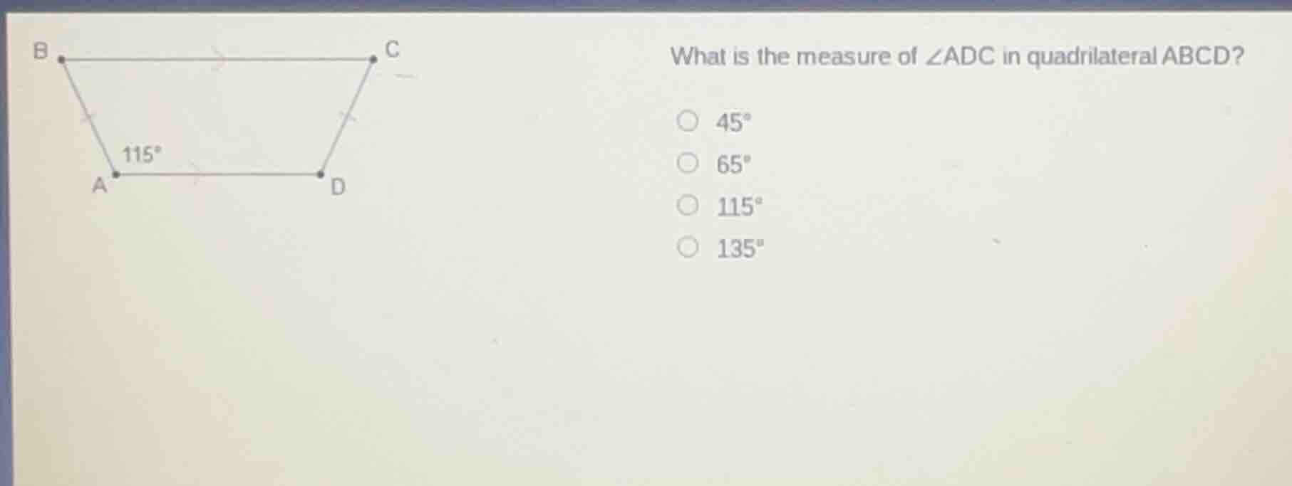 what is the measure of ∠adc in quadrilateral abcd? 45° 65° 115° 135°