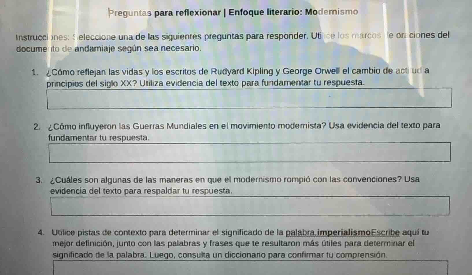 preguntas para reflexionar | enfoque literario: modernismo instruccione…