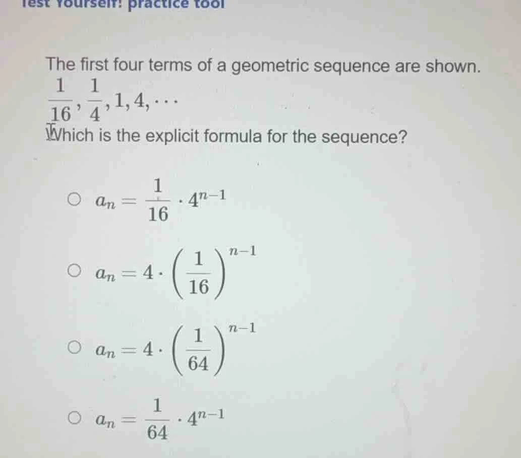 the first four terms of a geometric sequence are shown. \\(\\frac{1}{16…
