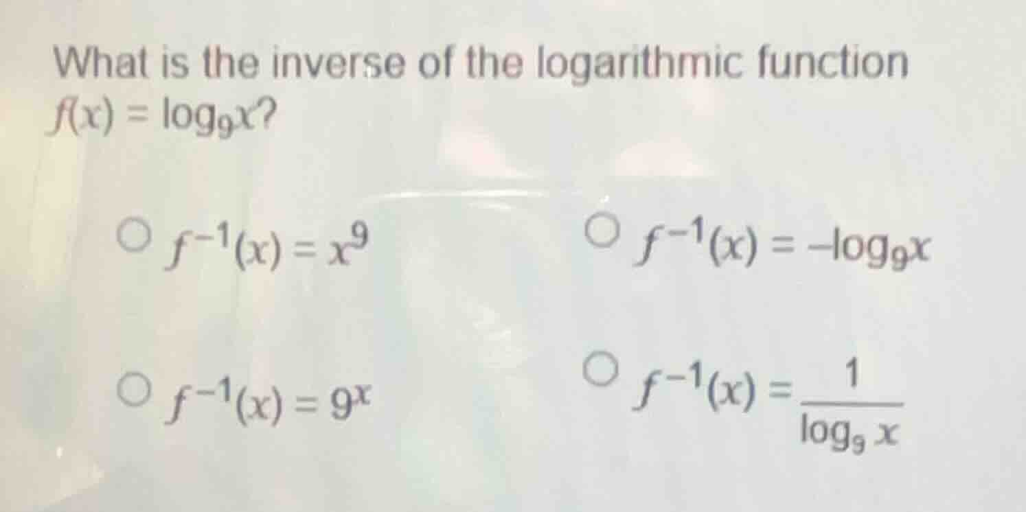 what is the inverse of the logarithmic function $f(x) = \\log_{9}x$? $\…
