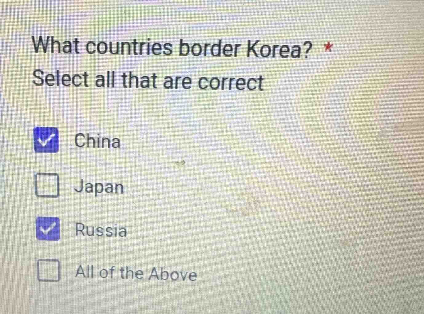 what countries border korea? * select all that are correct ☑️ china □ j…