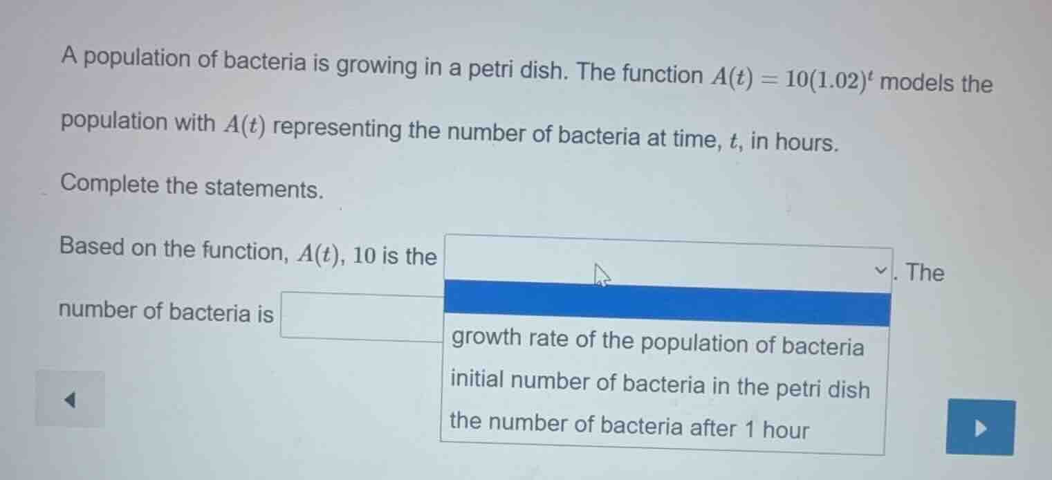 a population of bacteria is growing in a petri dish. the function $a(t)…