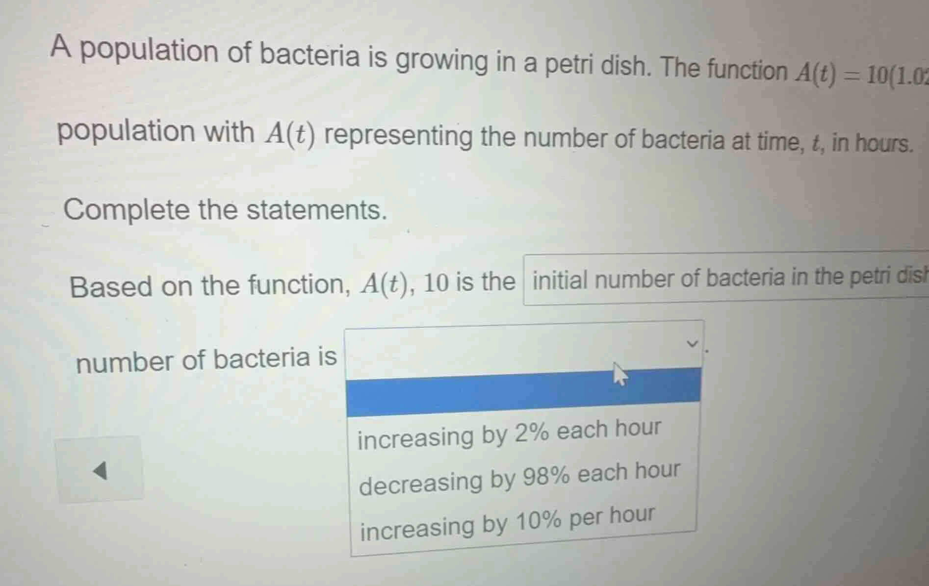 a population of bacteria is growing in a petri dish. the function $a(t)…