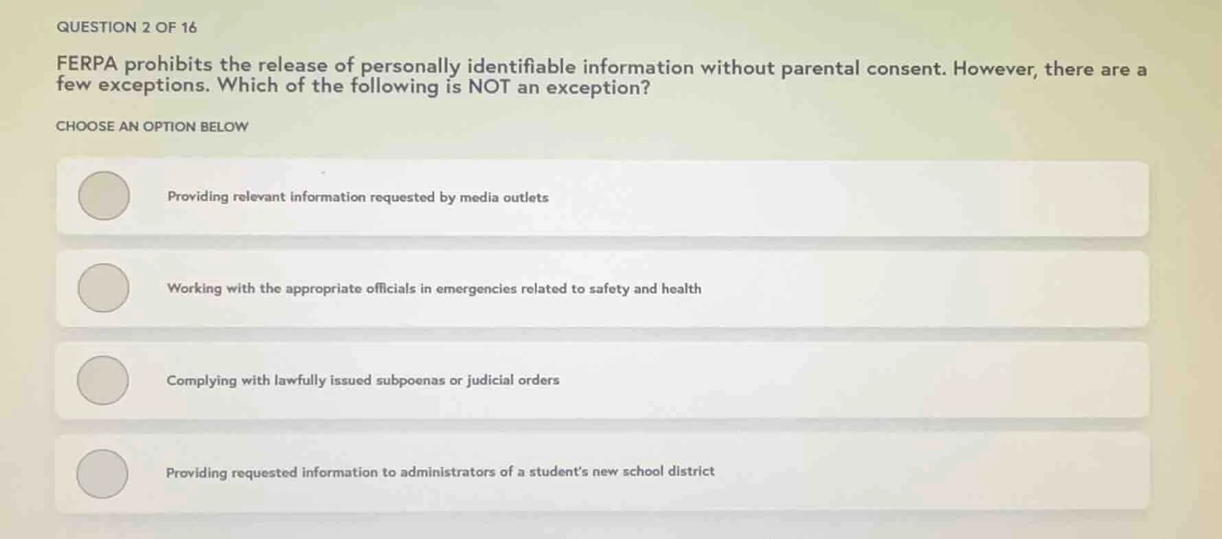 question 2 of 16 ferpa prohibits the release of personally identifiable…