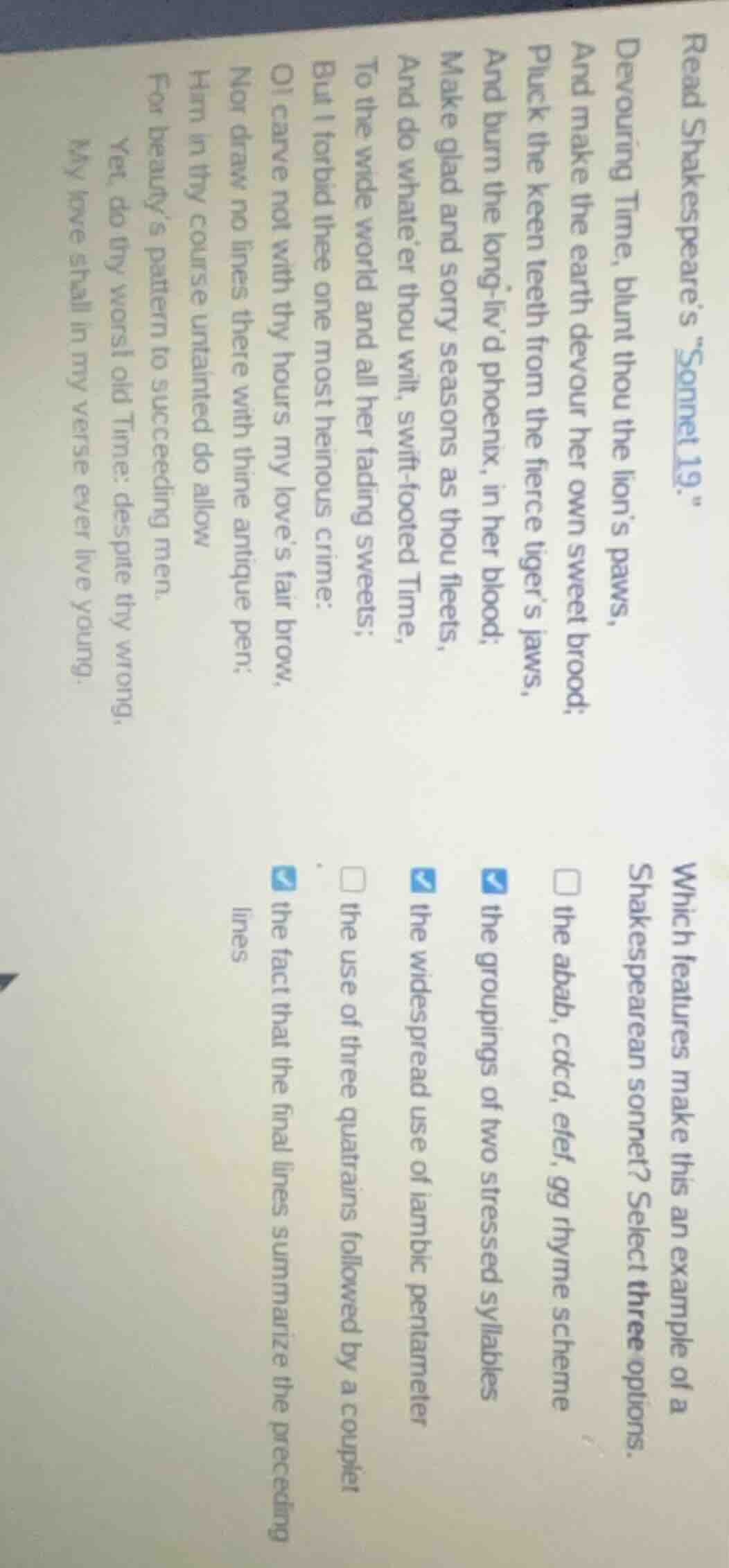 read shakespeare’s \sonnet 19.\ devouring time, blunt thou the lion’s p…