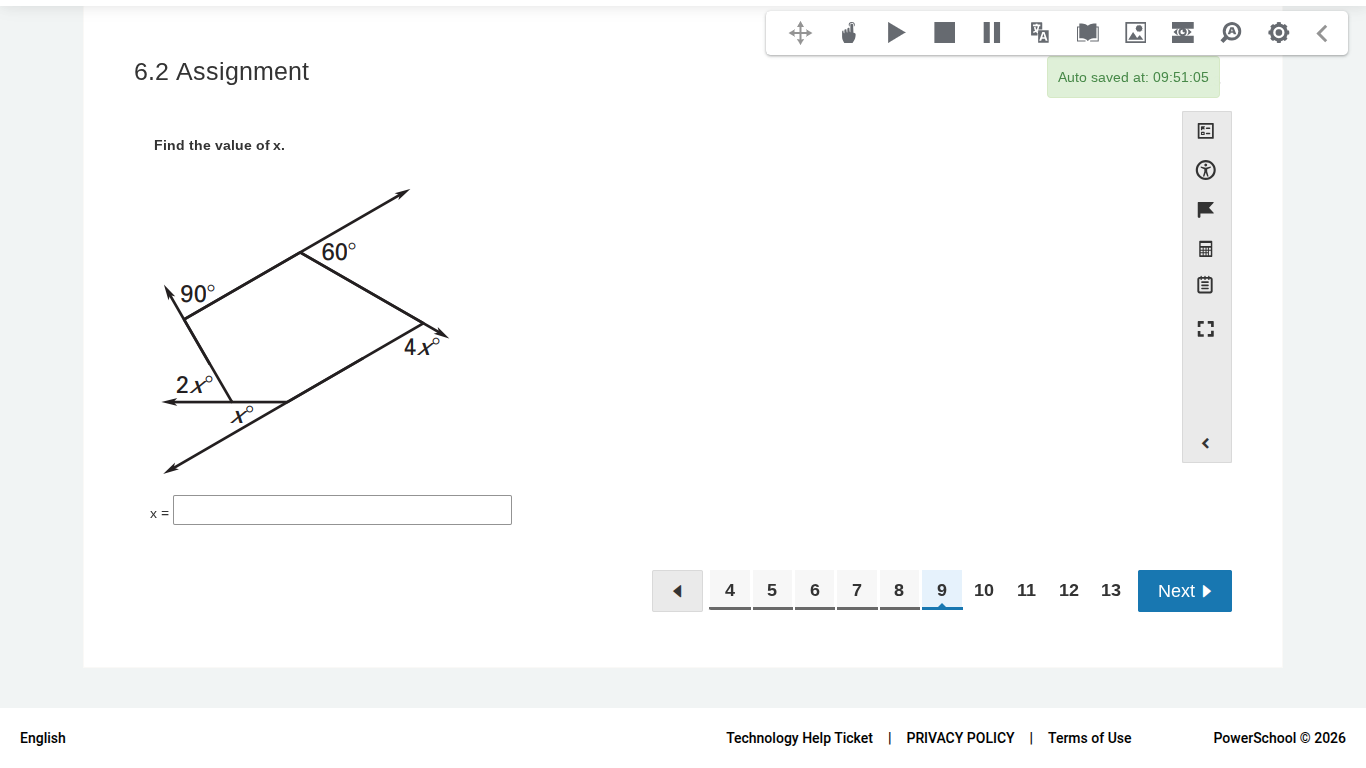 6.2 assignment find the value of x. (there is a geometric figure with a…