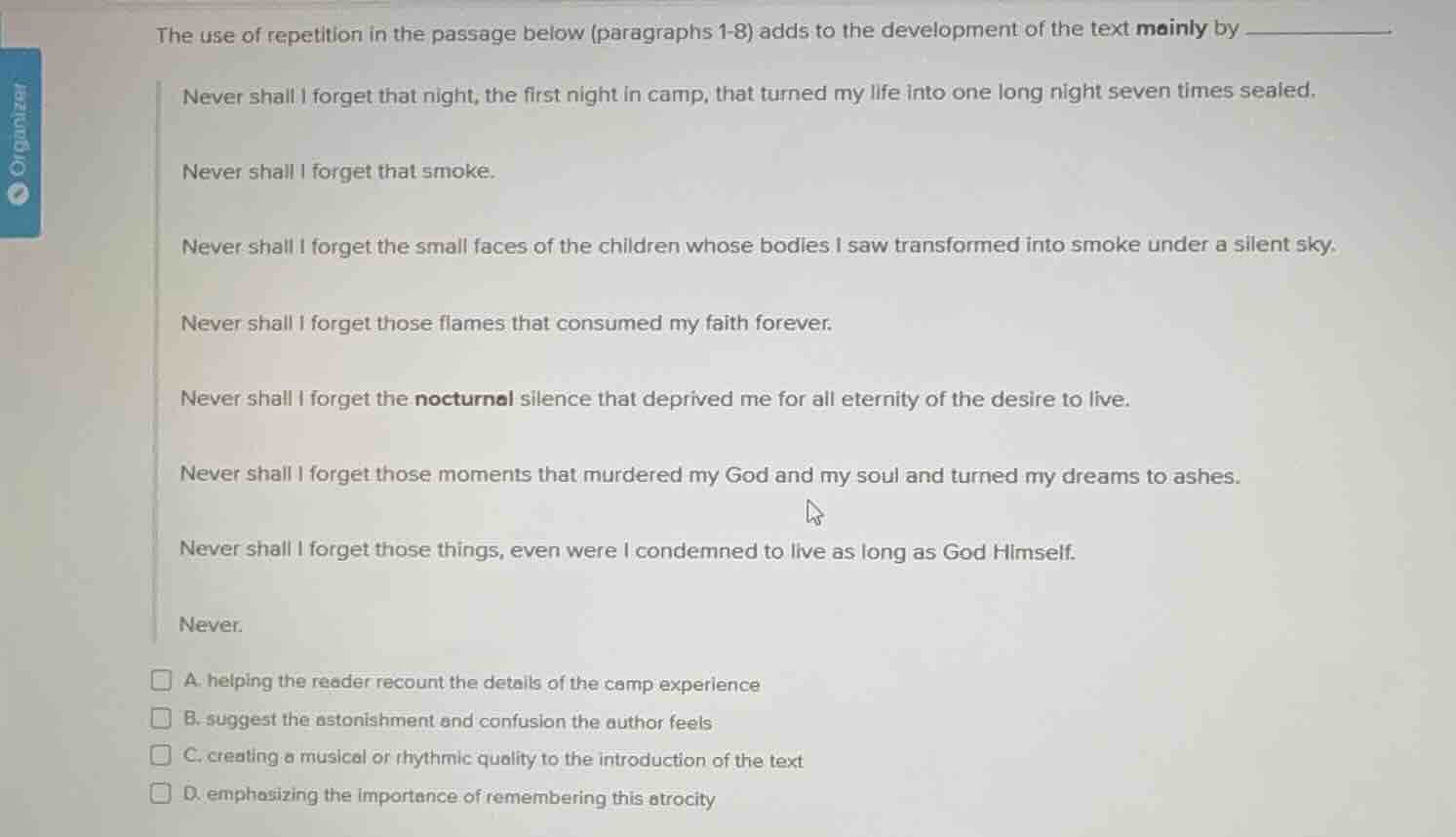 the use of repetition in the passage below (paragraphs 1-8) adds to the…