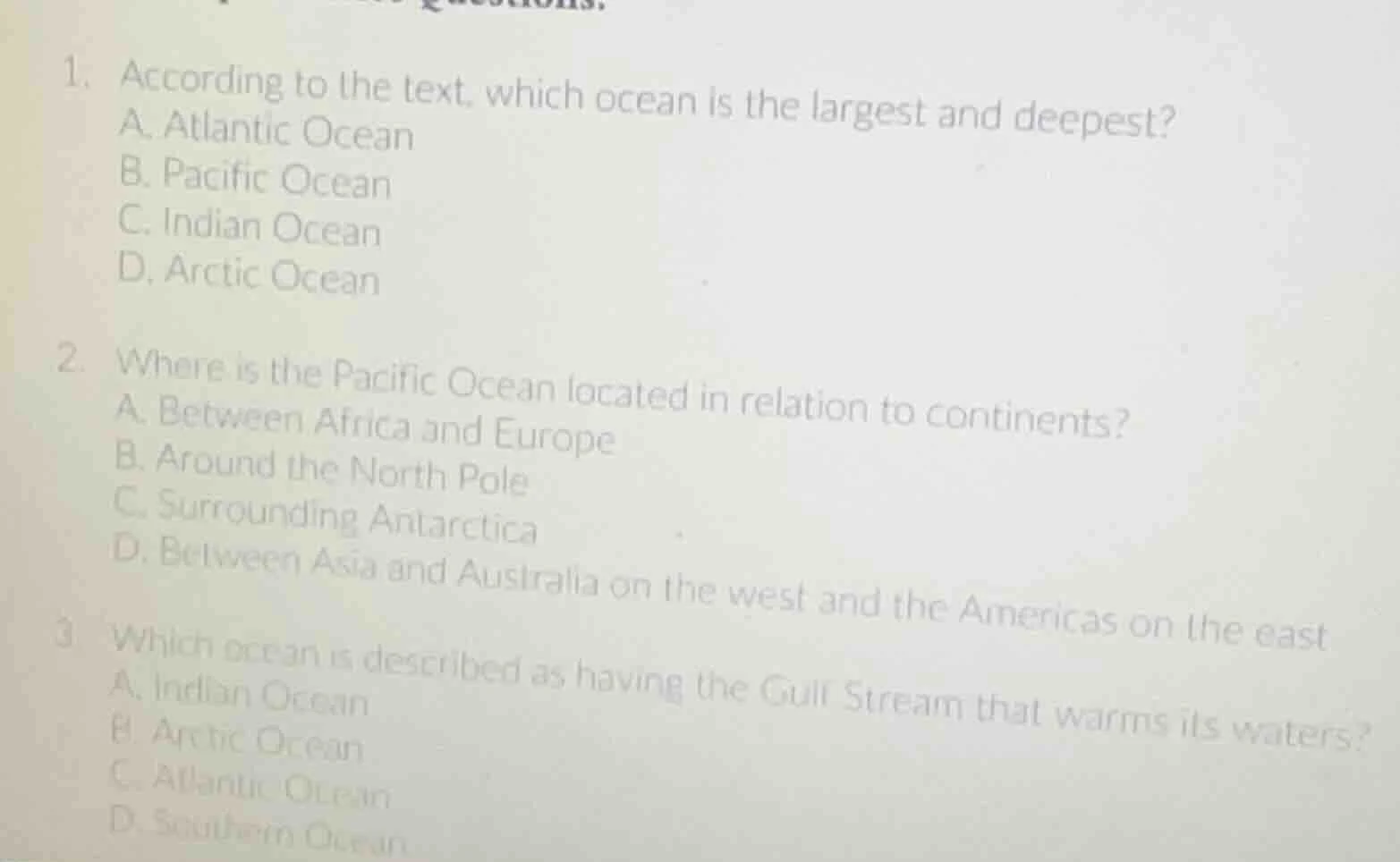 1. according to the text, which ocean is the largest and deepest? a. at…