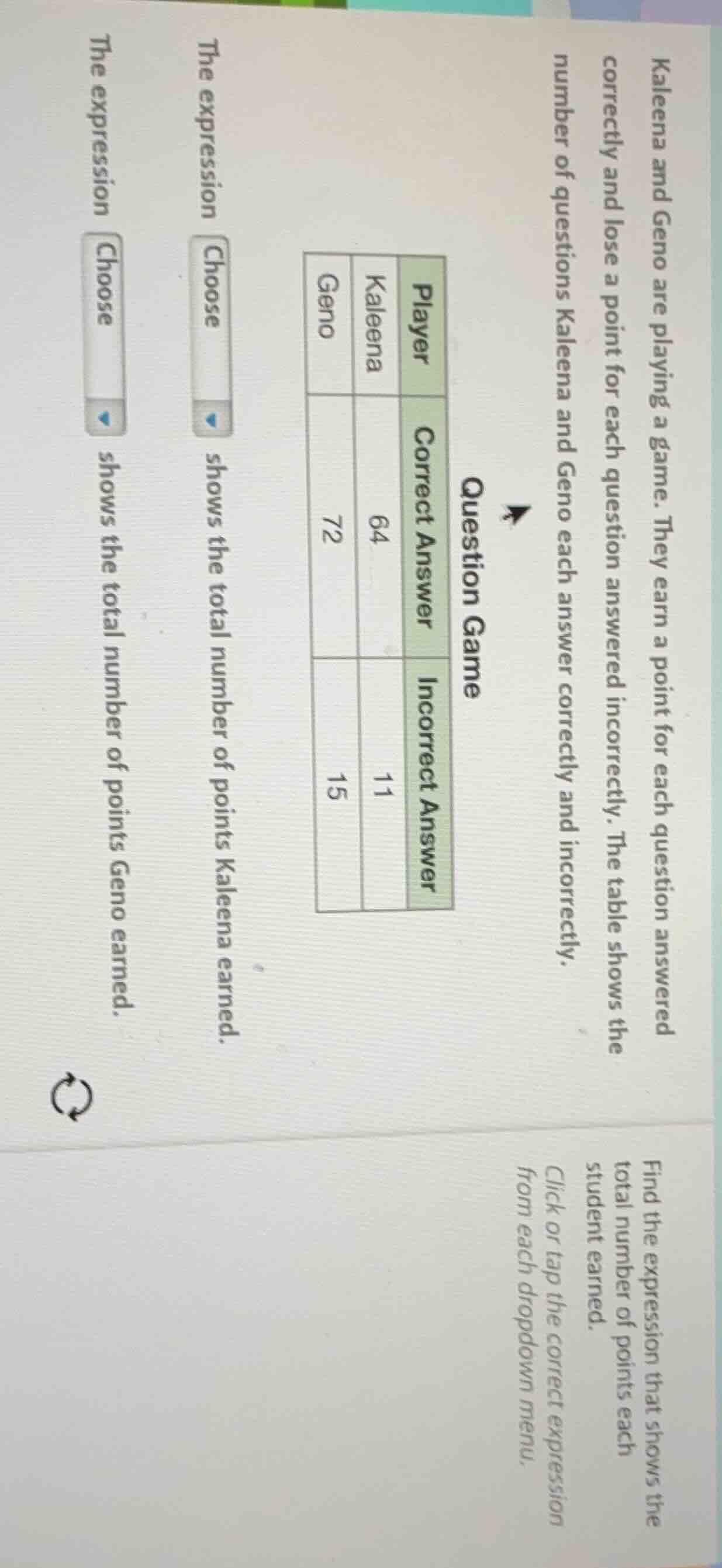 kaleena and geno are playing a game. they earn a point for each questio…