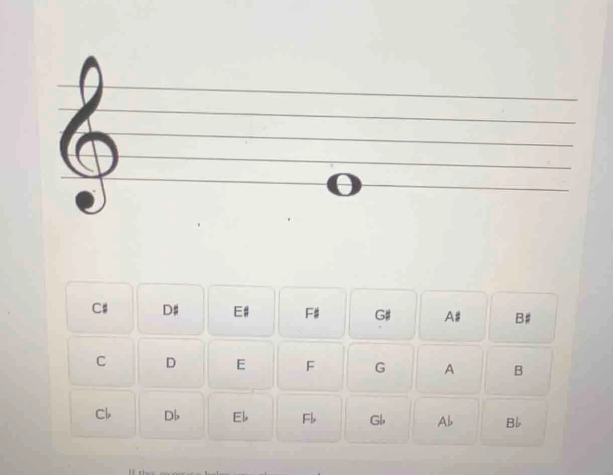 there is a treble clef and a note on the staff, and below are buttons w…