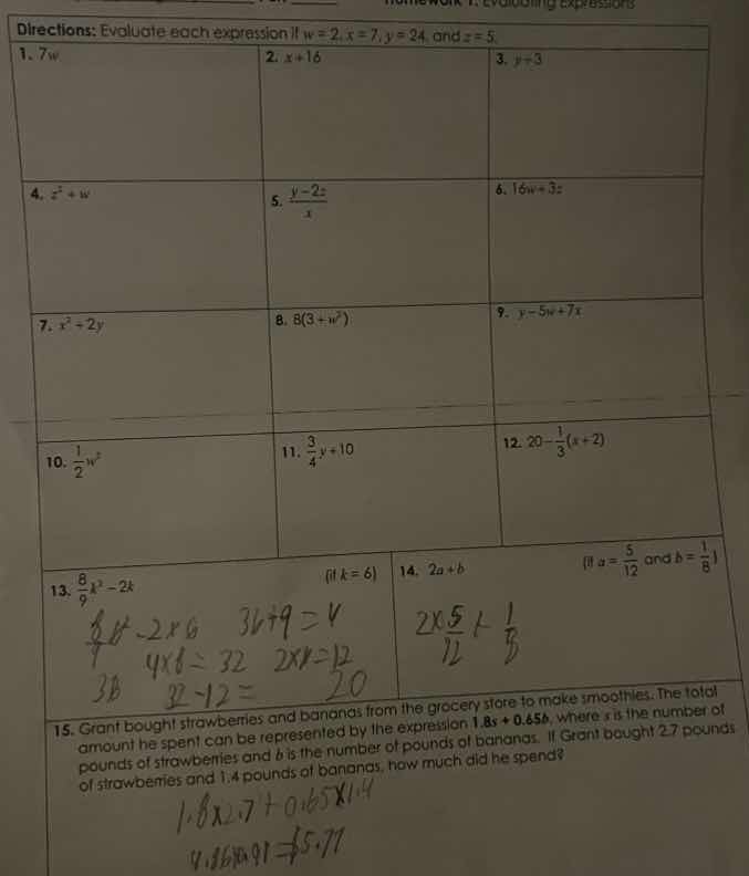 directions: evaluate each expression if ( w = 2 ), ( x = 7 ), ( y = 24 …