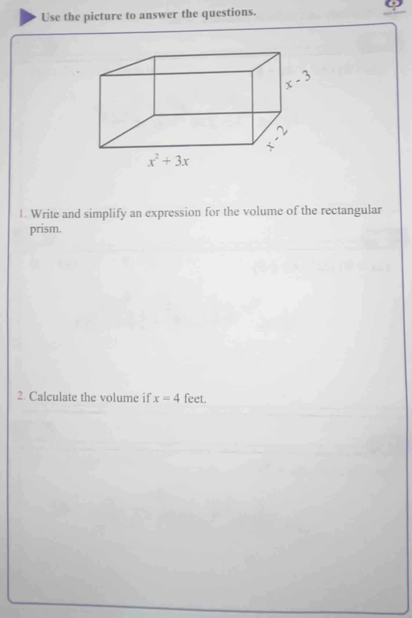 use the picture to answer the questions. image of a rectangular prism w…