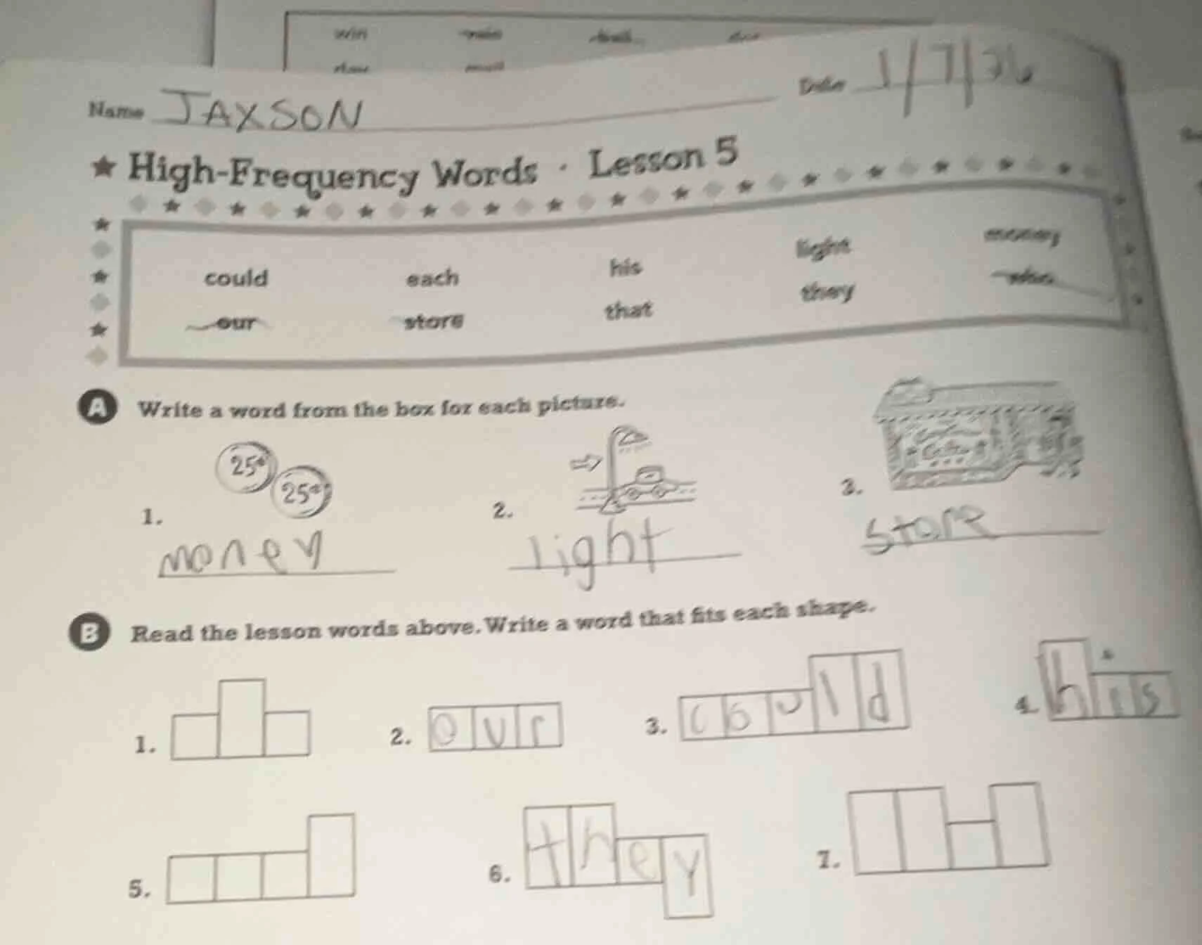 name jaxson date 1/7/36 ★ high-frequency words · lesson 5 could each hi…