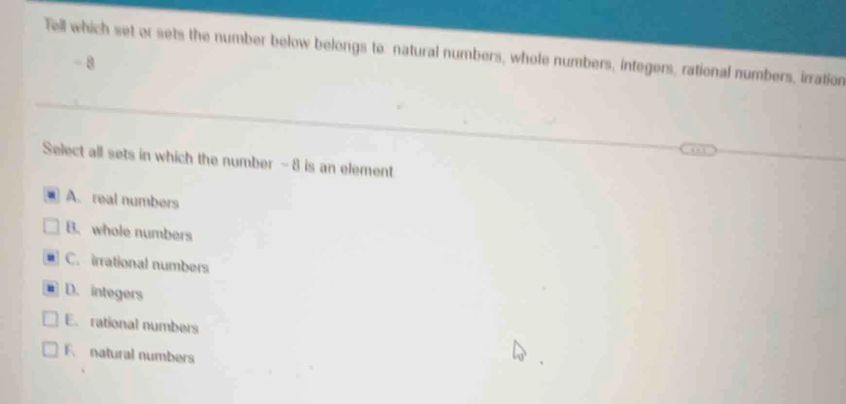 tell which set or sets the number below belongs to: natural numbers, wh…