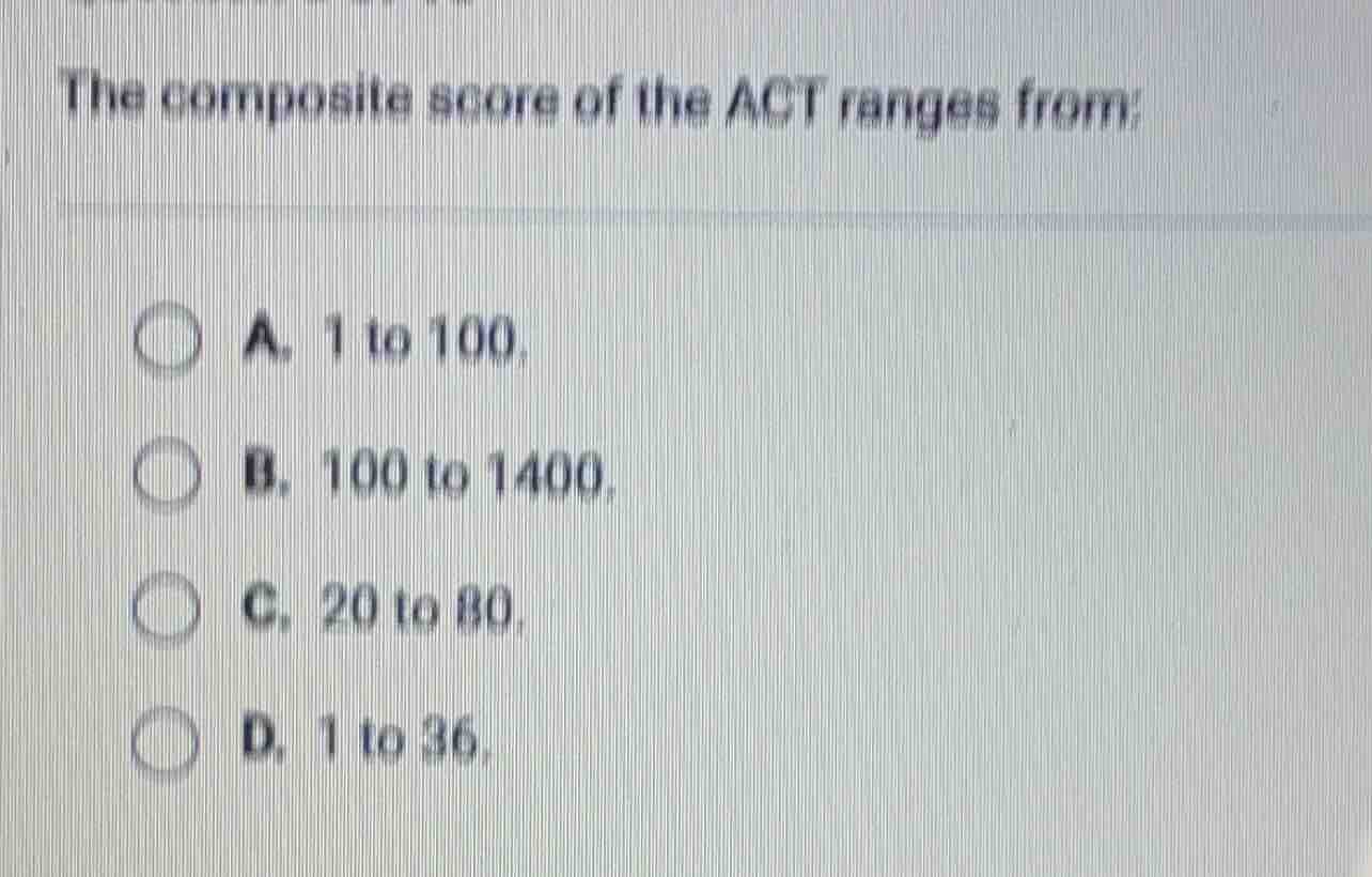 the composite score of the act ranges from: a. 1 to 100, b. 100 to 1400…