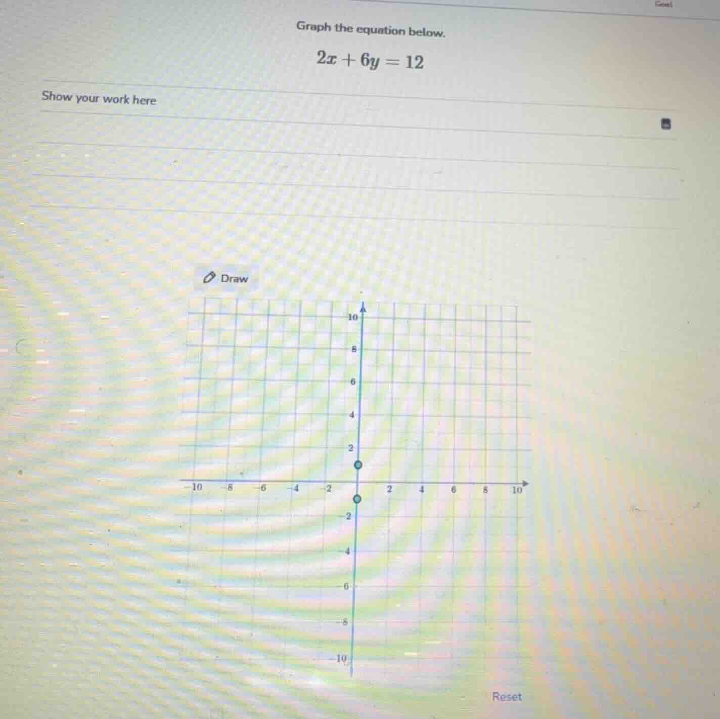 graph the equation below. $2x + 6y = 12$ show your work here