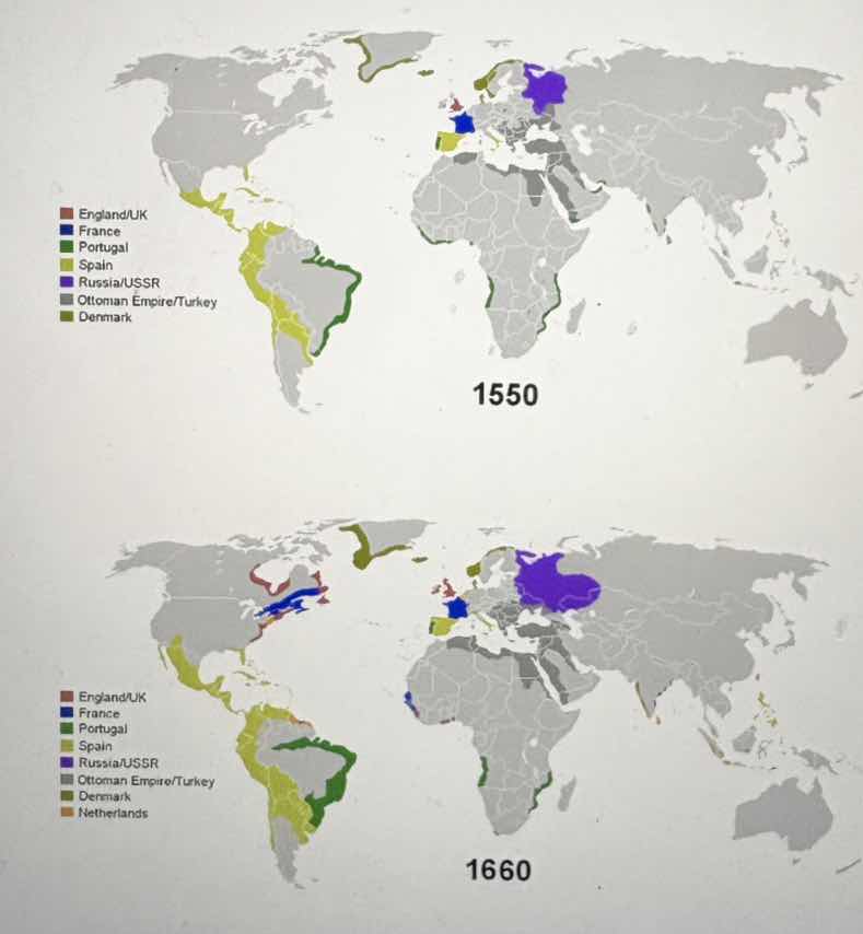 two world maps labeled 1550 (top) and 1660 (bottom). each has a legend …