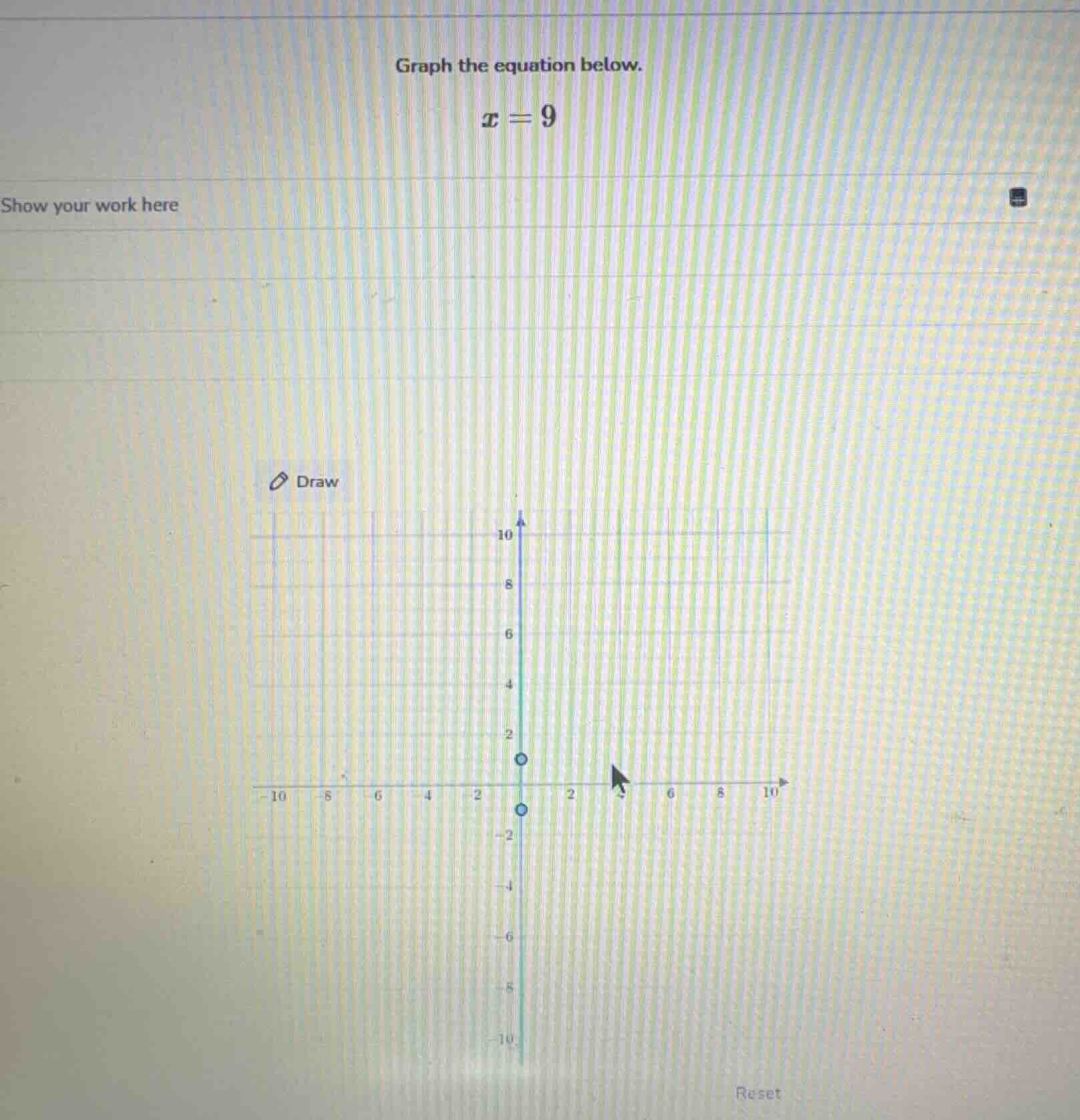 graph the equation below. x = 9 show your work here