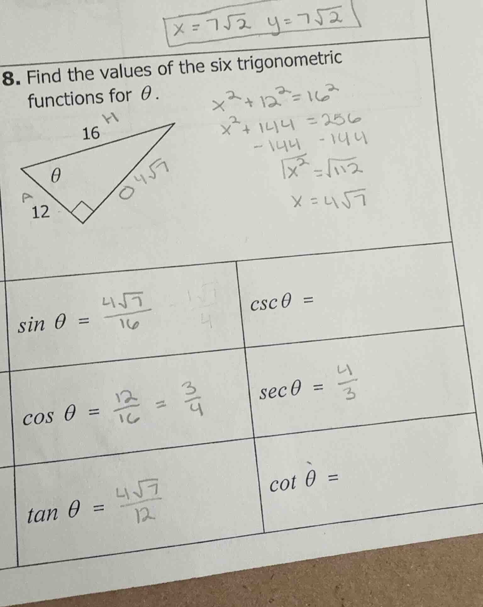 8. find the values of the six trigonometric functions for $\\theta$. (r…