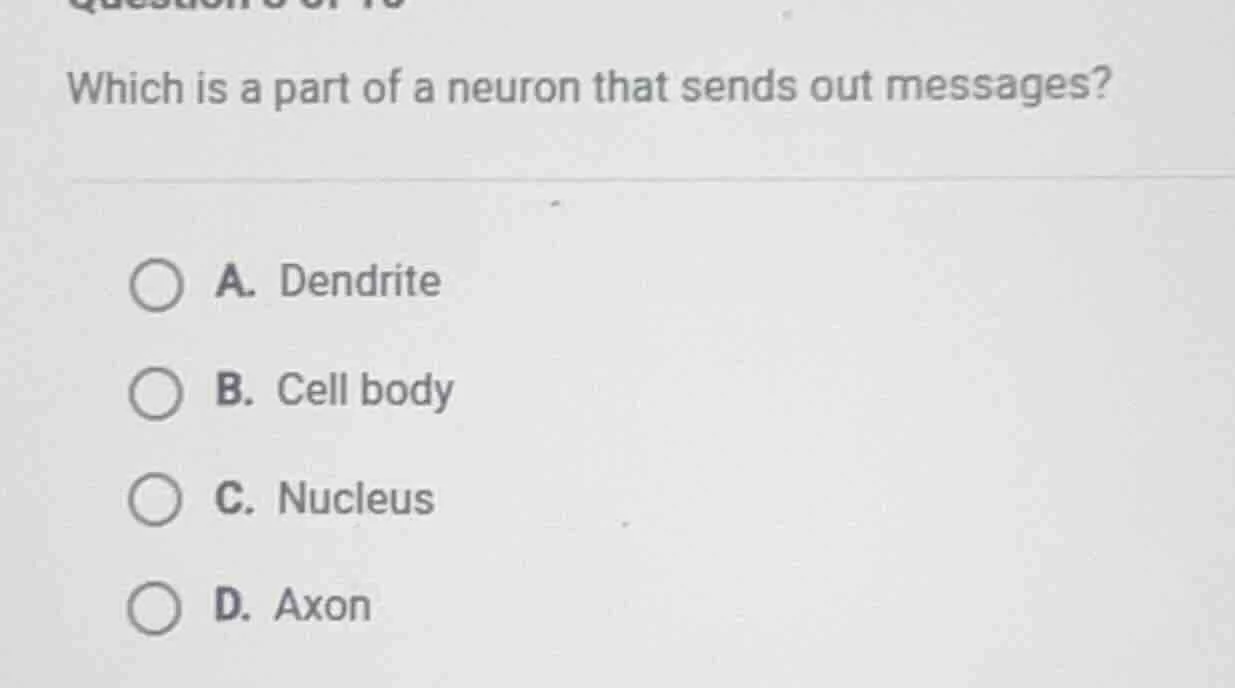 which is a part of a neuron that sends out messages? a. dendrite b. cel…