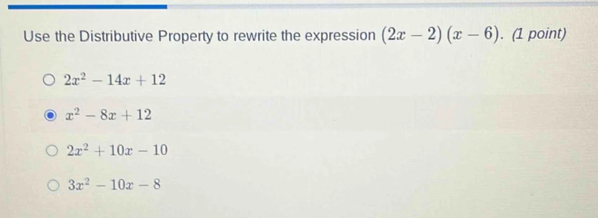 use the distributive property to rewrite the expression $(2x - 2)(x - 6…