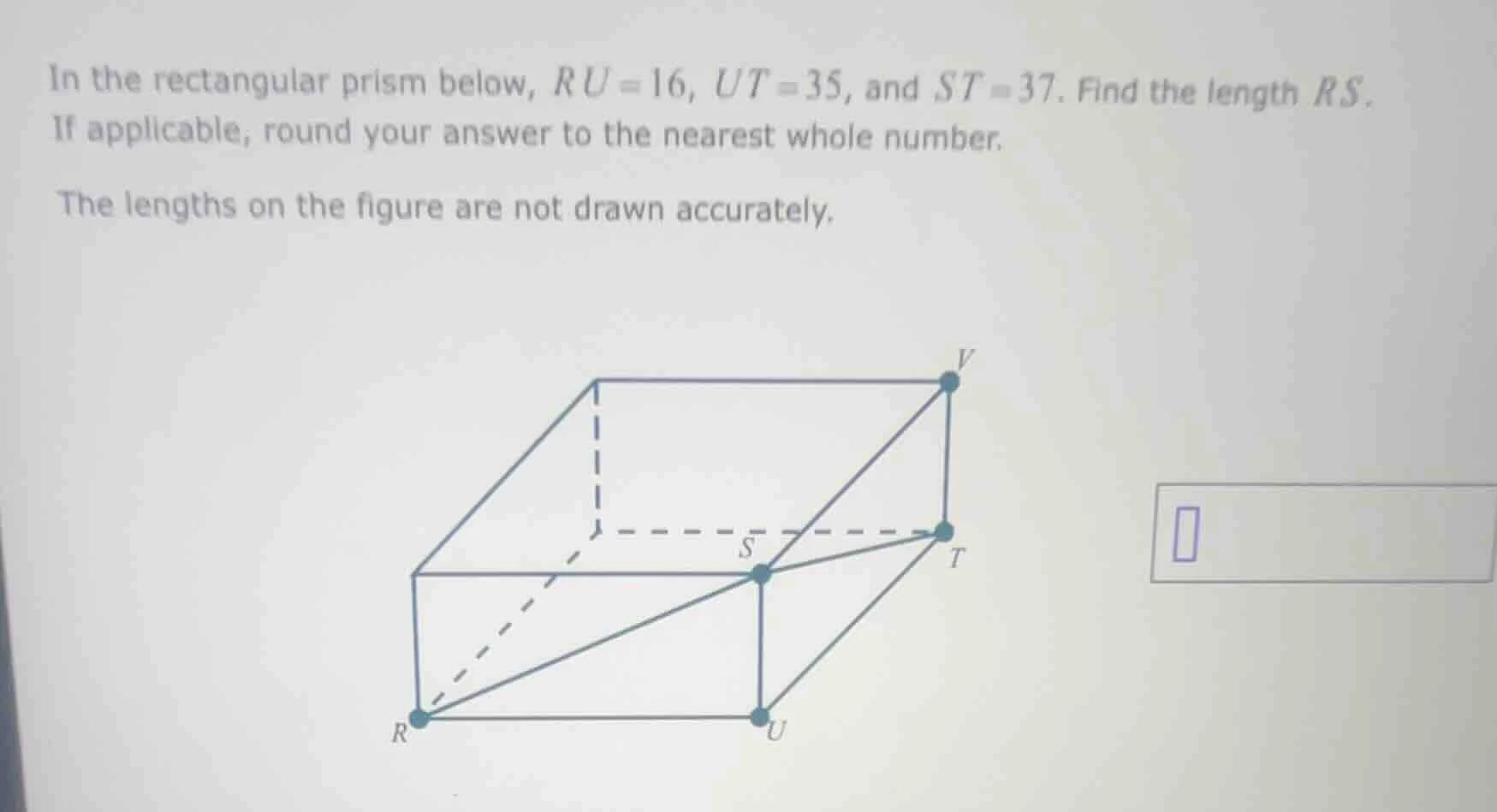 in the rectangular prism below, $ru = 16$, $ut = 35$, and $st = 37$. fi…
