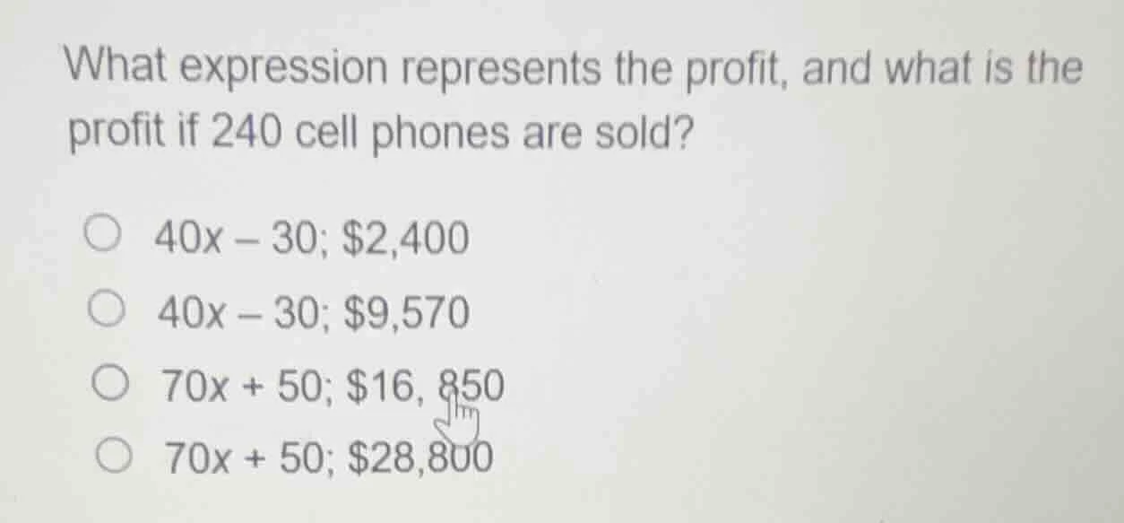 what expression represents the profit, and what is the profit if 240 ce…
