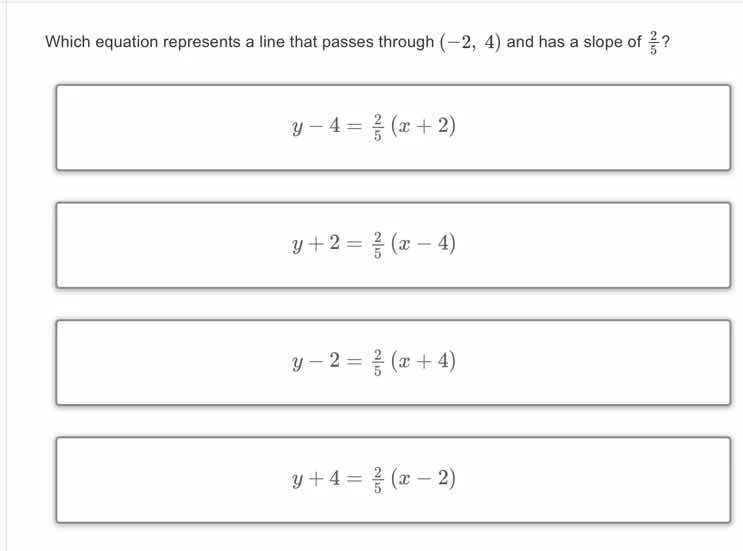 which equation represents a line that passes through $(-2, 4)$ and has …