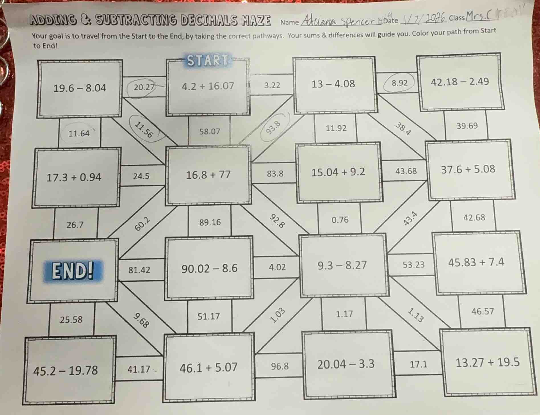 adding & subtracting decimals maze name adriana spencer date 1/7/2026 c…