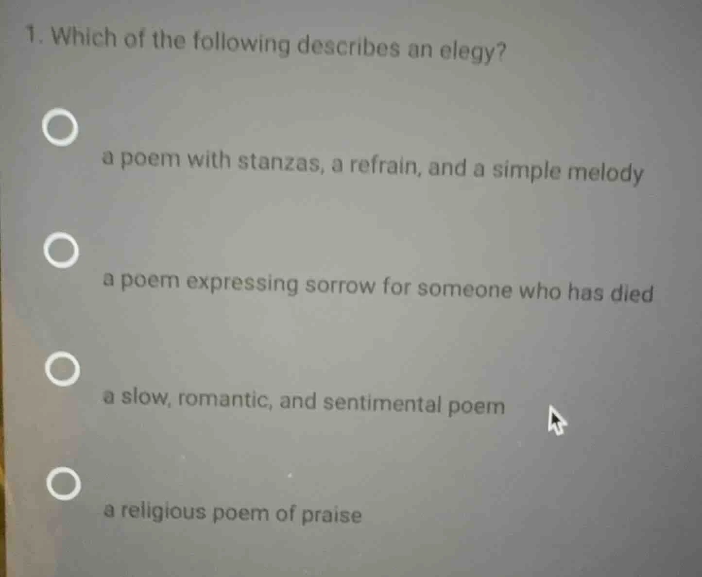 1. which of the following describes an elegy? a poem with stanzas, a re…