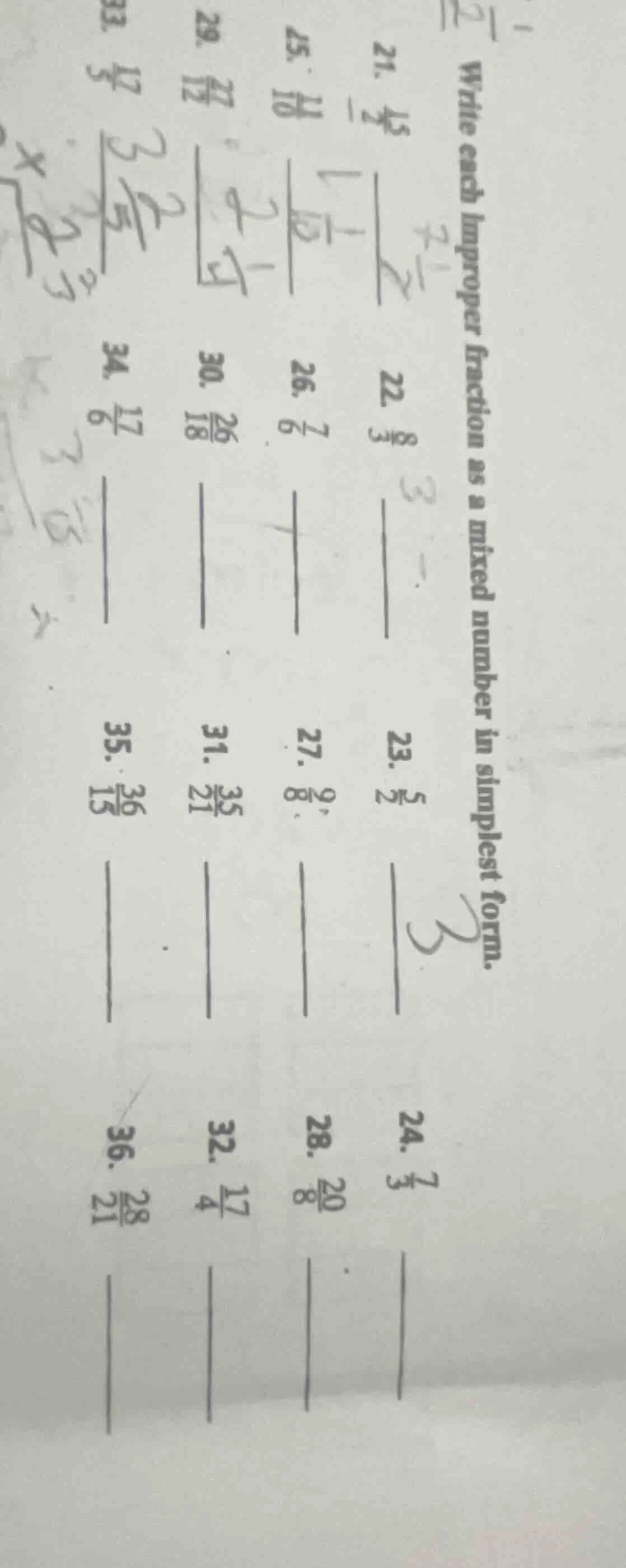 1. write each improper fraction as a mixed number in simplest form. 21.…