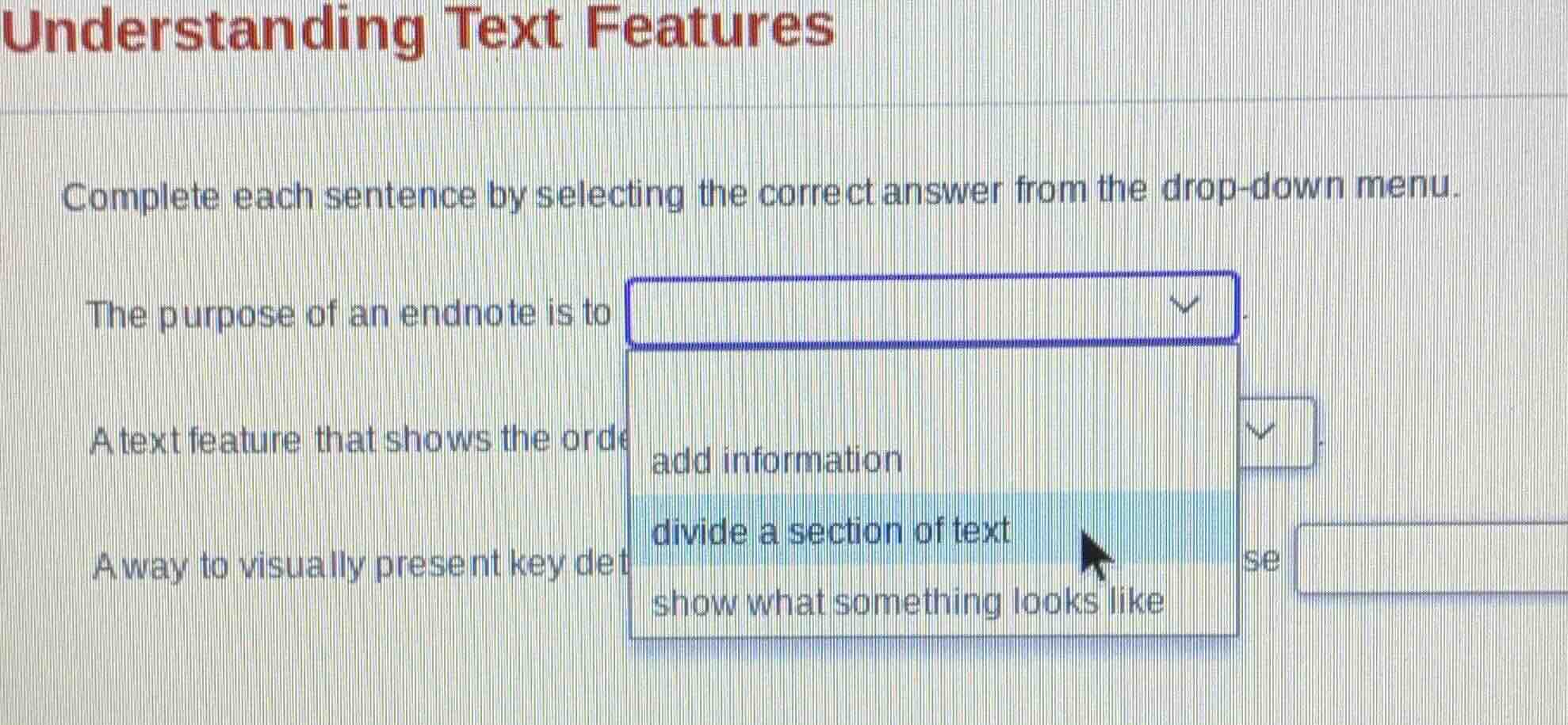 understanding text features complete each sentence by selecting the cor…