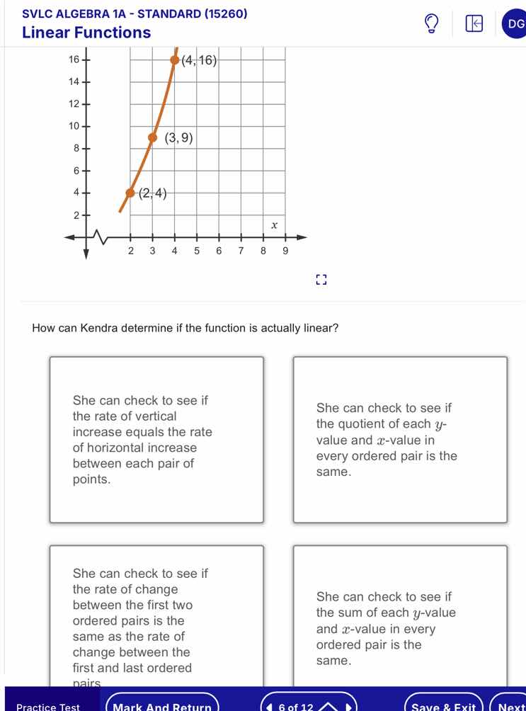 svlc algebra 1a - standard (15260) linear functions (4,16) (3,9) (2,4) …