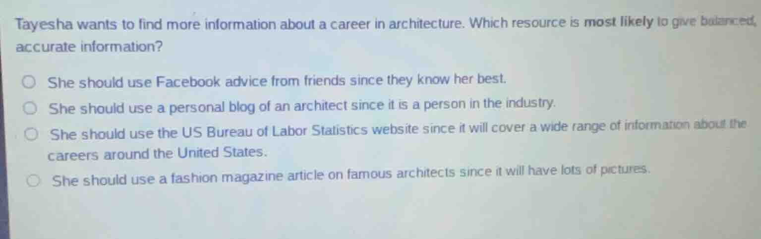 tayesha wants to find more information about a career in architecture. …