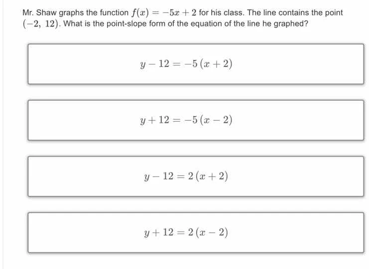 mr. shaw graphs the function $f(x) = -5x + 2$ for his class. the line c…