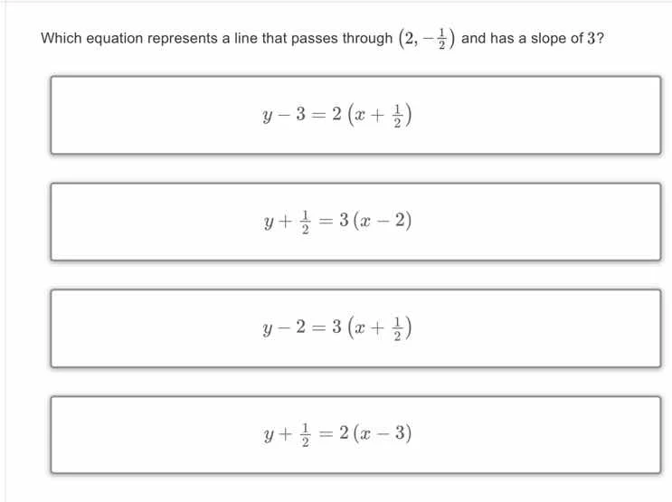 which equation represents a line that passes through ((2, -\frac{1}{2})…