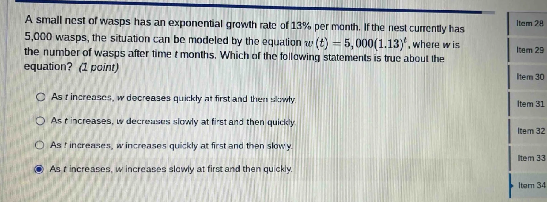a small nest of wasps has an exponential growth rate of 13% per month. …