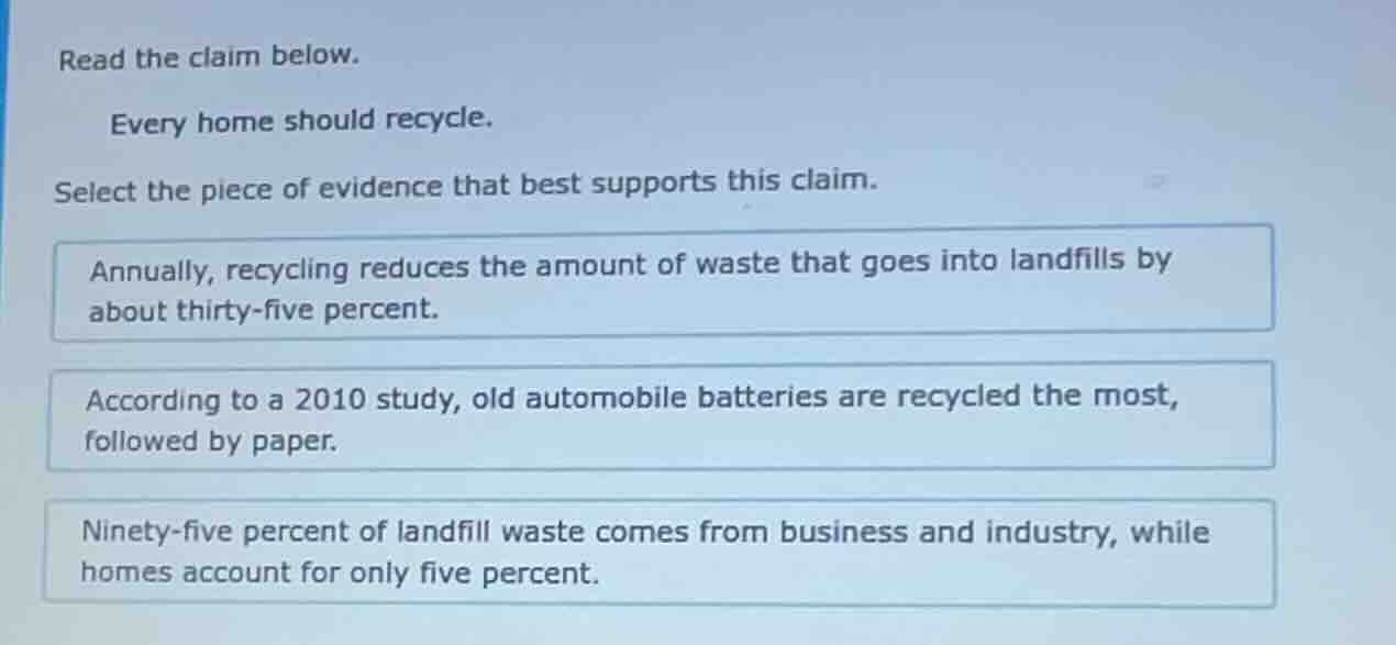 read the claim below. every home should recycle. select the piece of ev…
