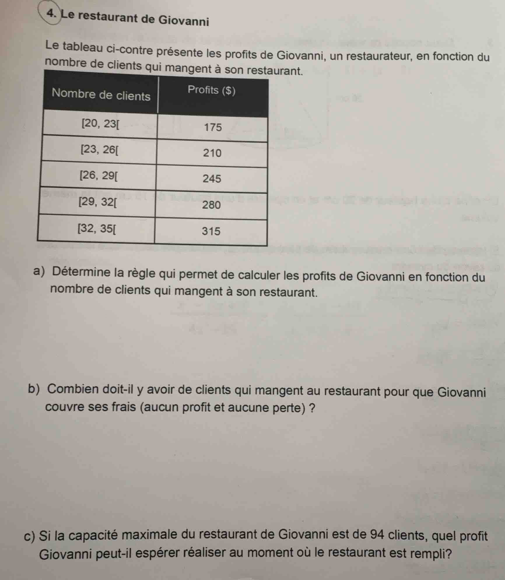 4. le restaurant de giovanni le tableau ci - contre présente les profit…